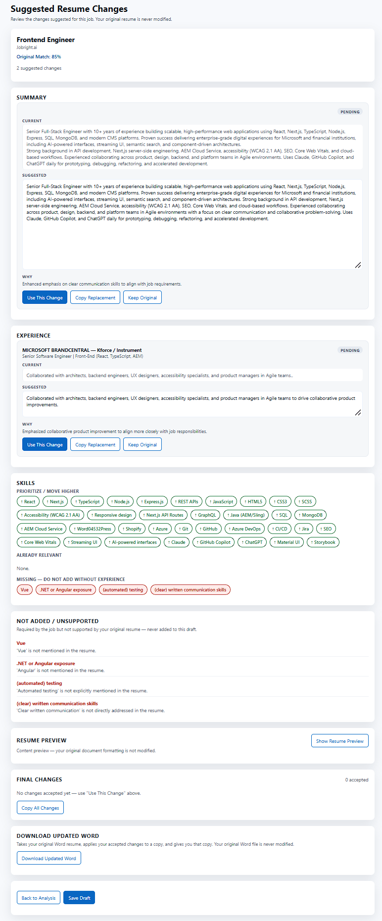 Applicant profiles with original resume and Resume Data