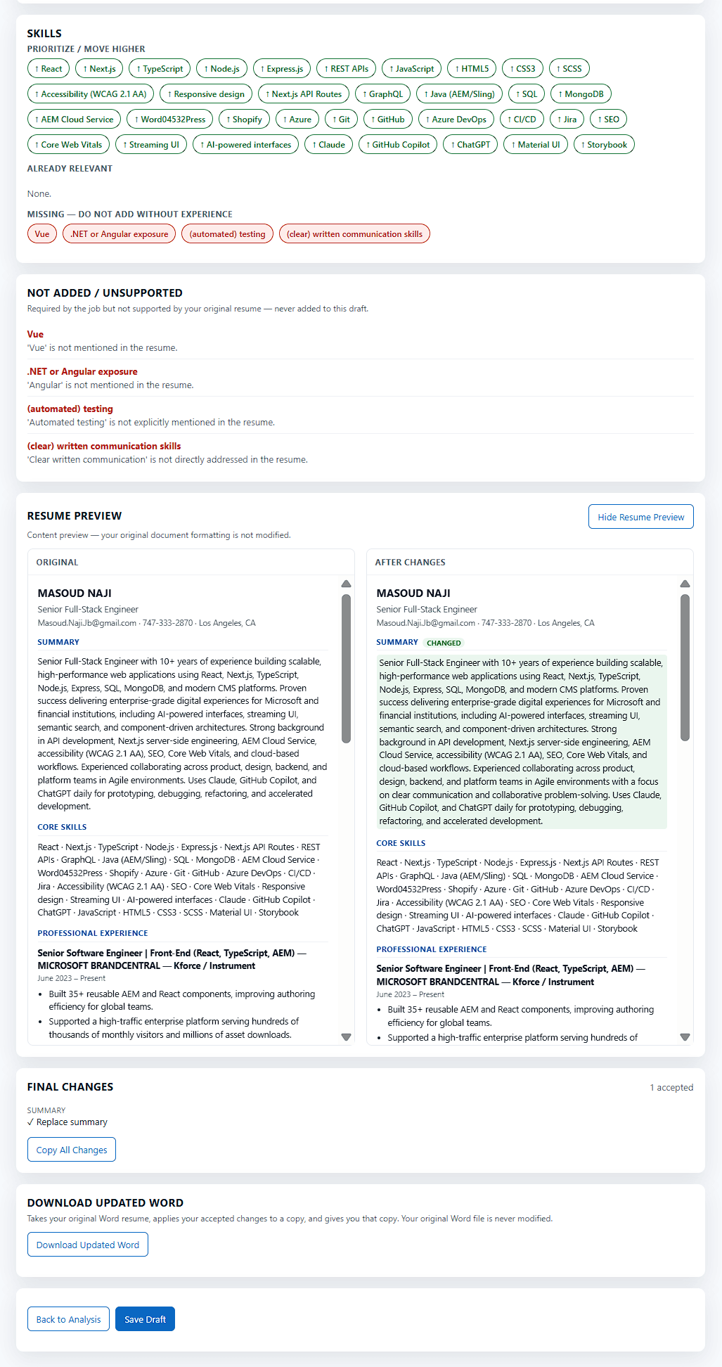 Applicant profiles with original resume and Resume Data