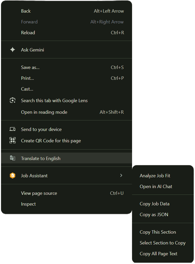 Chrome right-click menu with Job Assistant submenu open